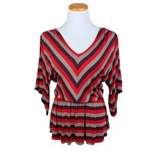 Ella Moss Blouse Striped Kimono Sleeve Red Grey Retro Stripe Women's S